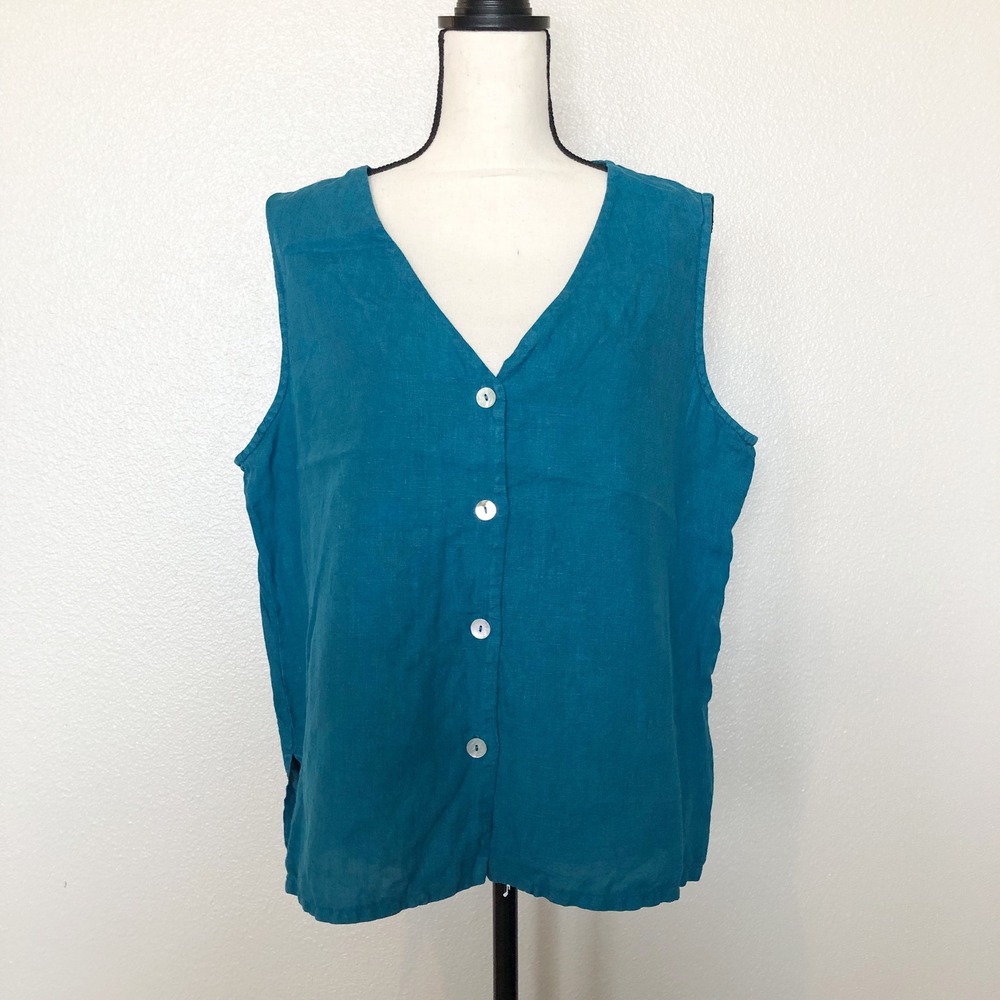 Bryn Walker Vest Womens Large Teal Blue 100% Linen Button Front V-Neck Top USA